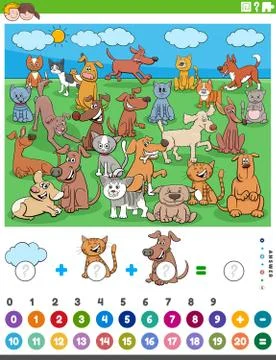 Counting and adding task with cartoon pet animals Stock Illustration