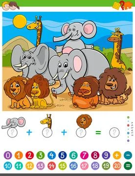 Counting and adding task with cartoon animals Cartoon Illustration of Educ... Stock Photos
