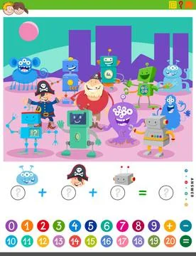 Counting and adding task with cartoon characters Cartoon Illustration of E... Stock Photos