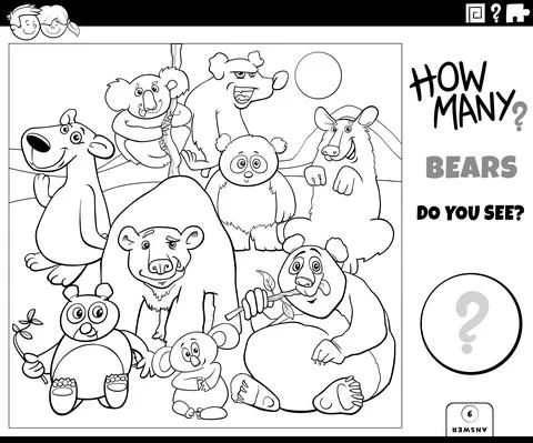 Counting cartoon bears educational game coloring book page Stock Illustration