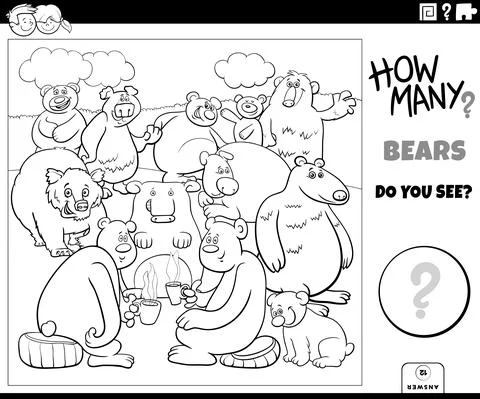 Counting cartoon bears educational task coloring book page Stock Illustration