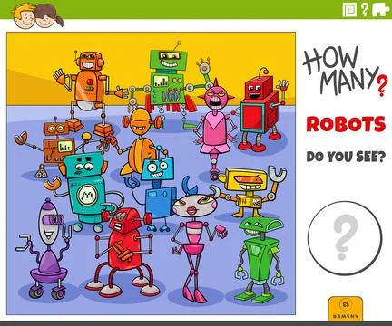 Counting cartoon robots characters educational activity Stockillustratie
