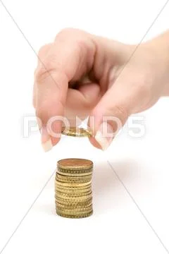 Counting Coins Isolated on a White Background Stock Photos