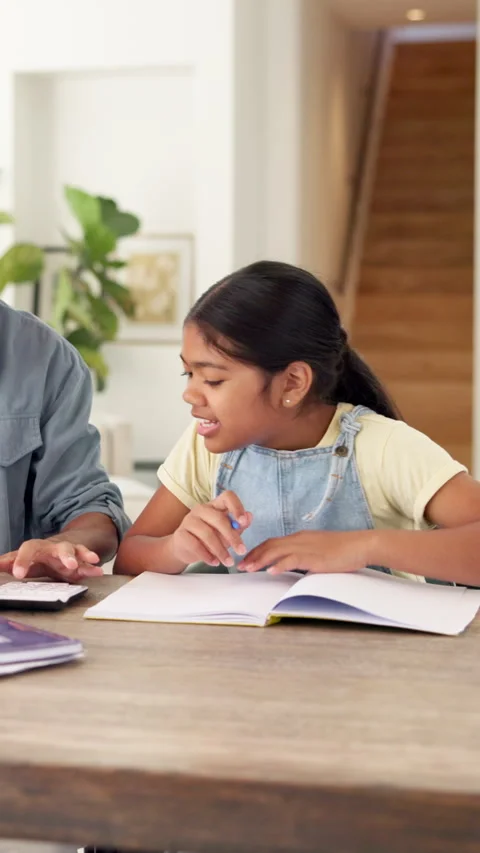 Counting, dad and child high five with homework for problem solving, math or 스톡 동영상 335324257