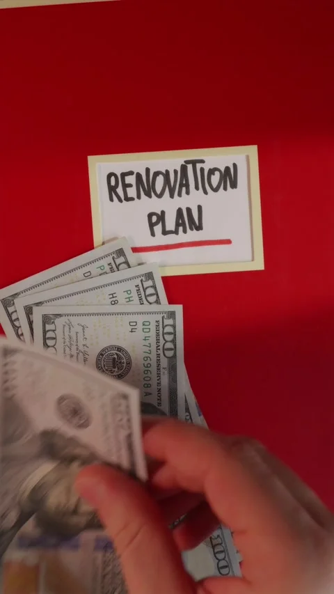Counting dollar bills onto Renovation Plan red notebook Stock Footage 341246070