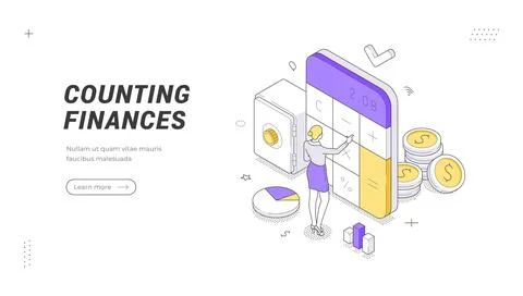Counting Finances banner template. Isometric vector illustration of a busines Stock Illustration
