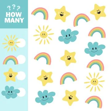 Counting Game for Children. Count how many stars, clouds, suns and rainbows Stock Illustration