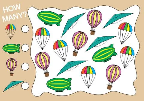 Counting game how many object of air transport for preschool children. Stock Illustration