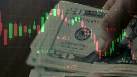 Counting Hundred Dollar Bills with Candlestick Chart Overlay Stock Footage 336757551