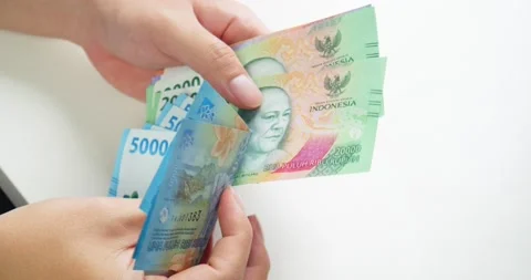 Counting Indonesia Rupiah with hand manually, small amount of salary or Stock Footage 232773676
