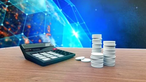 Counting machine and coins on the table. Communication technology. 3D renderi Stock Illustration