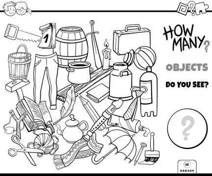 Counting objects educational task coloring book Illustrazione stock