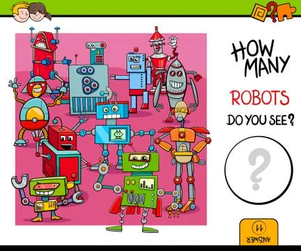 Counting robots educational game for kids Stock Illustration