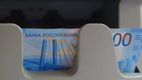 Counting Two Hundred Russian Rubles Banknotes On Currency Counter Machine. Stock Footage 108232283