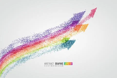 Countless colorful particles form a rainbow-shaped arrow, symbolizing rise .. Stock Illustration