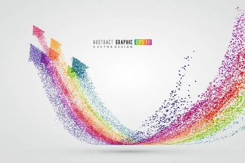 Countless colorful particles form a rainbow-shaped arrow, symbolizing rise .. Stock Illustration