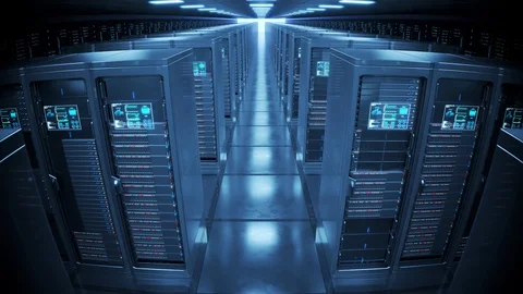 Countless modern server cabinets in a render farm. Dark, futuristic room. 4KHD Stockbeeldmateriaal 126252757