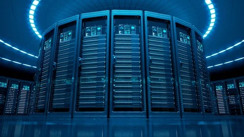 Countless modern server cabinets in a render farm. Dark, futuristic room. 4KHD Stock Footage 126258286