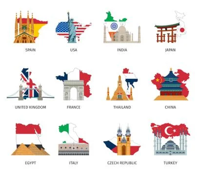 Countries Flags Landmarks Flat Icons Set イラスト素材