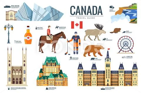 Country Canada Travel Vacation Guide Of Goods, Places And Features. Set Of