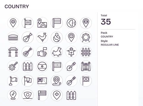 Country Digital Vector Pack containing 35 Detail Enhanced Regular Line High.. Stock Illustration