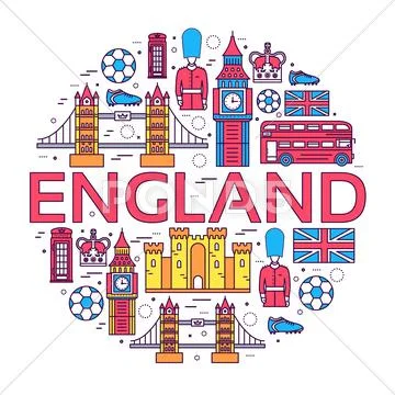 Country England Travel Vacation Guide Of Goods, Places In Thin Lines Style