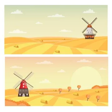 Country fields set with windmill and harvest of grains flat vector illustration. イラスト素材