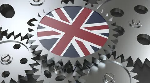 Country flag with gears 3d render image Stock Illustration