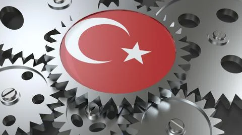 Country flag with gears 3d render image Stock Illustration