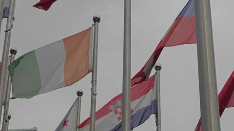 Country Flags Fluttering Strong in the Wind on a Clear Day Stock Footage 283956788