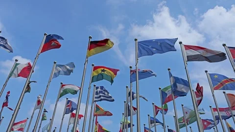 Country Flags Fluttering Strong in the Wind on a Clear Day Stock Footage 283956793