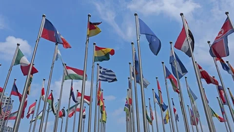 Country Flags Fluttering Strong in the Wind on a Clear Day Stock Footage 283957174