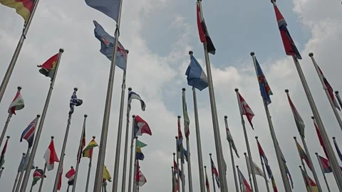 Country Flags Fluttering Strong in the Wind on a Clear Day Stock Footage 283957246