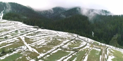 Country green fields, early spring with snow Stock Footage 280709655