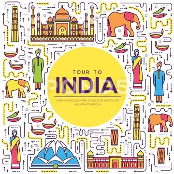 Country India travel vacation guide of goods, place and feature. Set of Stock Illustration