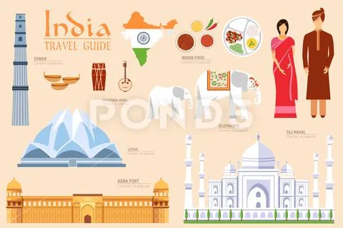 Country India travel vacation guide of goods, places and features. Set of Stock Illustration