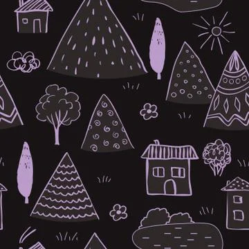 Country landscape seamless pattern. Hand drawn doodle mountains, cute houses Stock Illustration