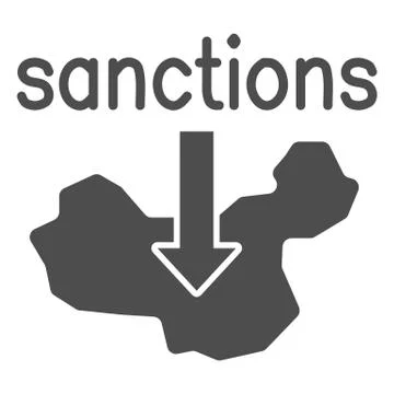 Country map and arrow down with text sanctions solid icon, economic sanctions Illustrazione stock