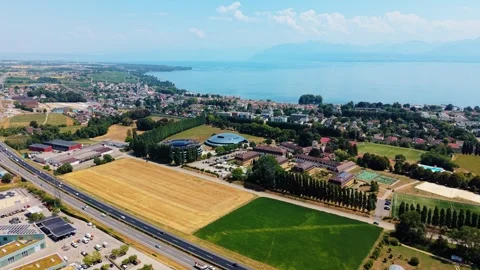 Country Road and Fields Toward Lake Geneva Stock-Footage 346570971