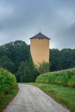 Country road through corn fields and a tower Stock Photos