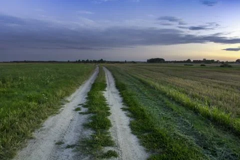 Country road through fields, clouds after sunset Stock Photos