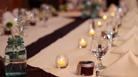 Country, rustic wedding table set up rack focus Video stock 33996002