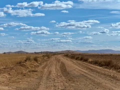 Country side view with empty road, blue sky and white cotton clouds Stock Photos