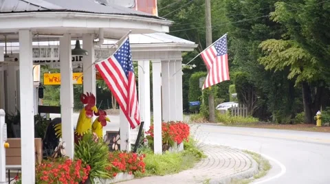 Country store with American flags. Stock Footage 41217877