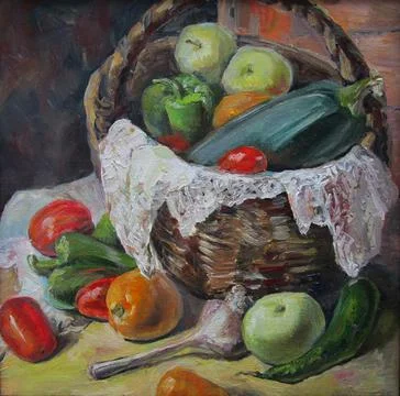 Country tasty vegetables in a basket, oil painting Stock Illustration