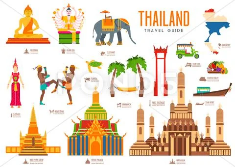 Country Thailand Travel Vacation Guide Of Goods, Places And Features. Set Of