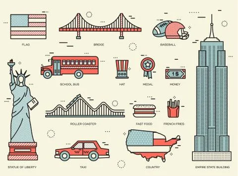 Country USA travel vacation guide of goods, places and features. Set of Stock Illustration