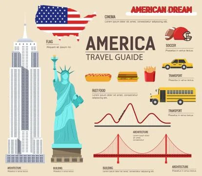 Country USA travel vacation guide of goods, places and features. Set of Stock Illustration