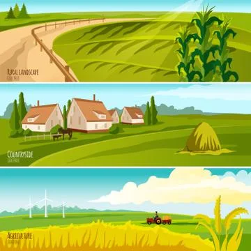 Countryside 3  Horizontal Flat Banners Set Illustration