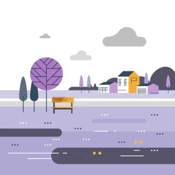 Countryside concept, small bench at river, beautiful view, nice neighborhood Illustrazione stock